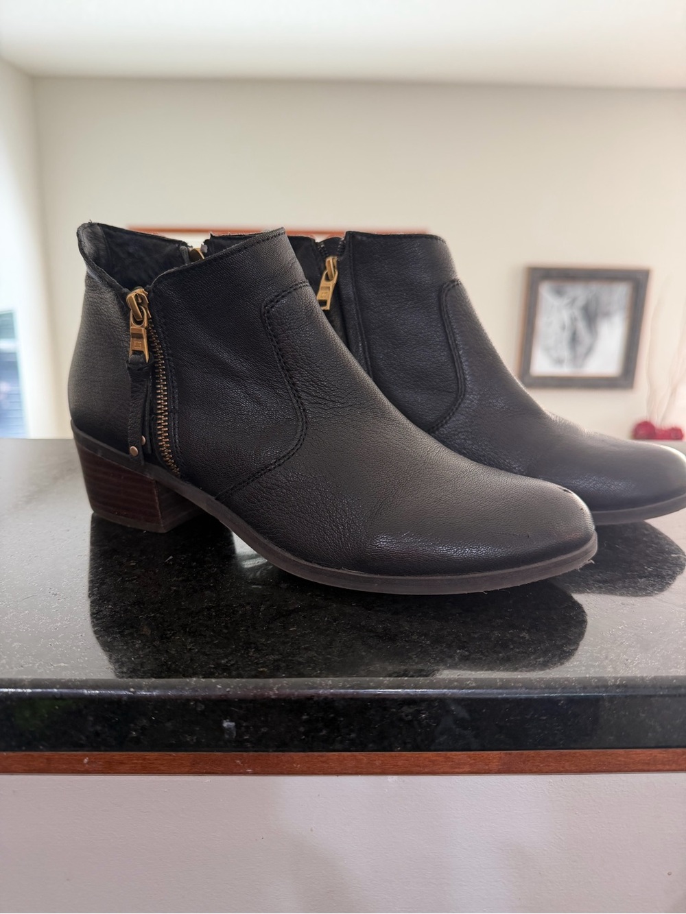 Sole Bound by BareTraps Black Leather Ankle Booties with Gold Zipper